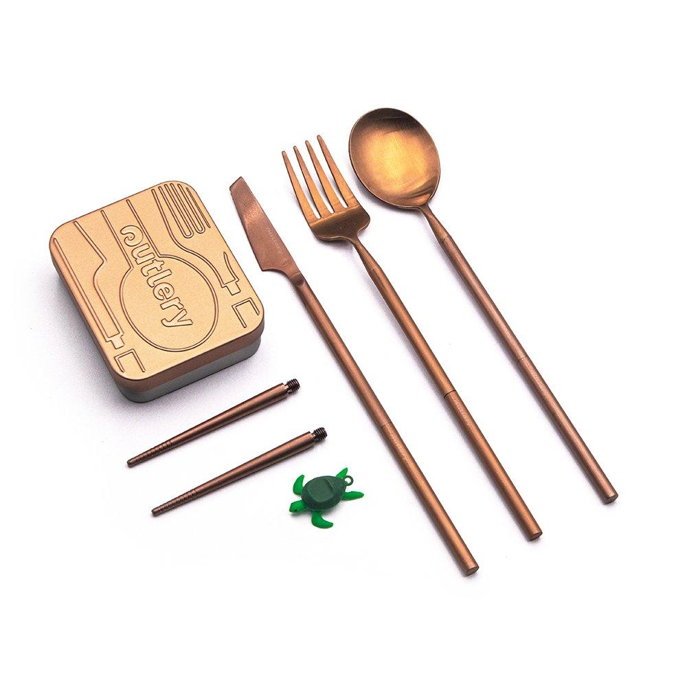 outlery, set, reusable, travel, cutlery, full, rose gold
