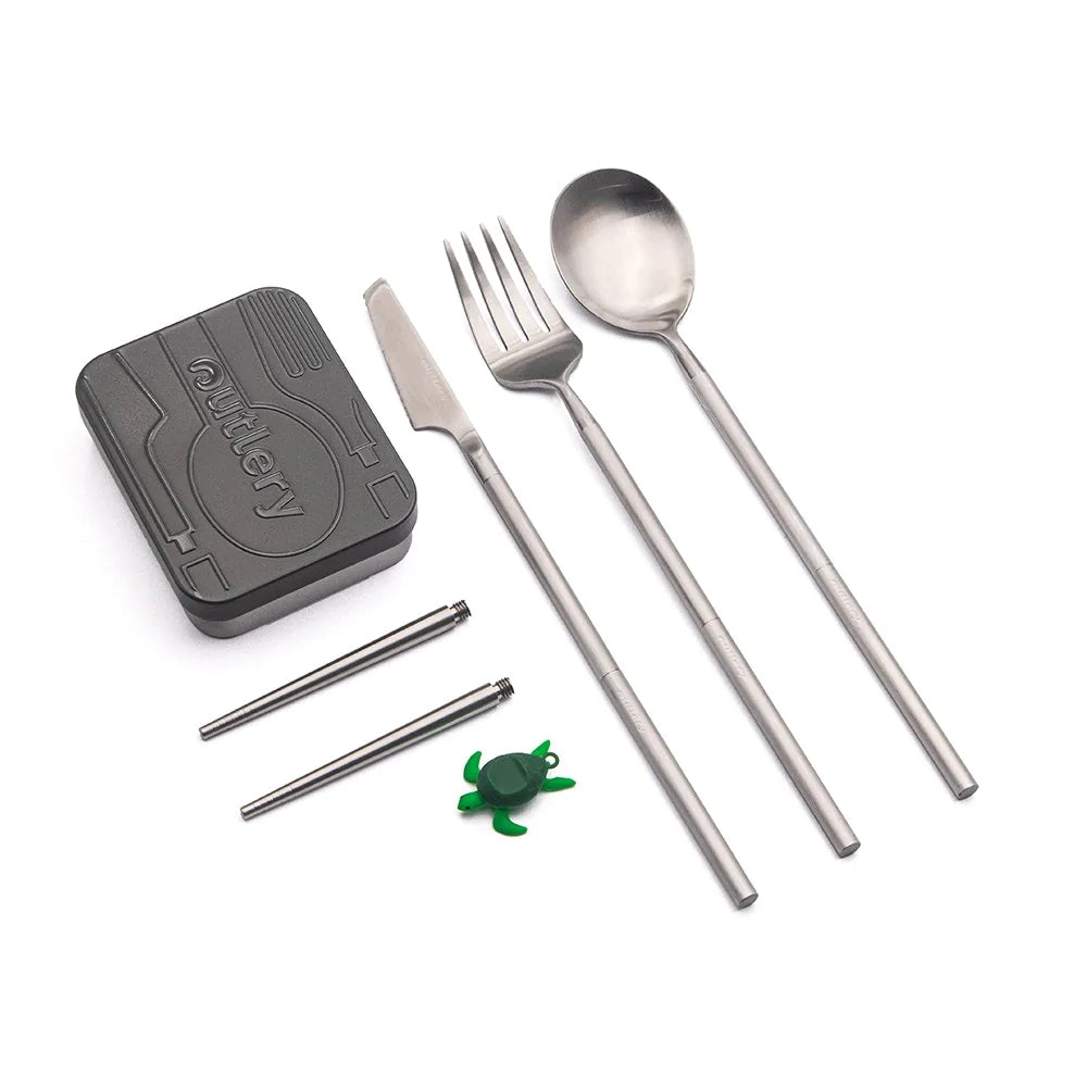 outlery, full, set, reusable, travel, cutlery, set, silver, stainless, steel