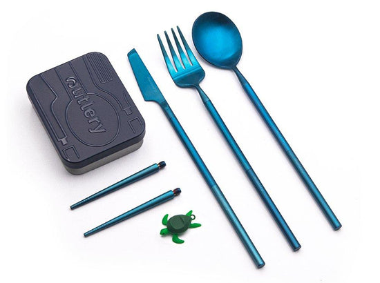 outlery, set, reusable, travel, cutlery, full, blue